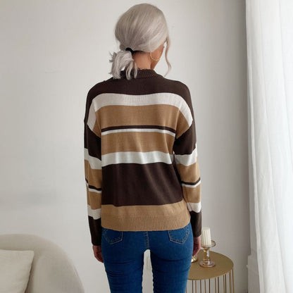 Damen Strickpullover Farbiges Streifenmuster Hochkragen