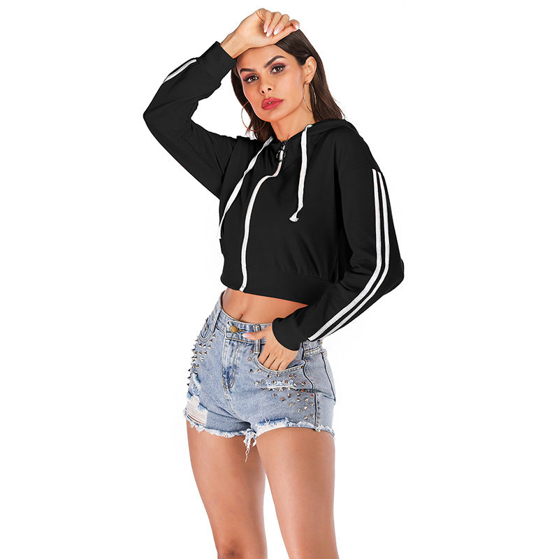 Damen Cropped Kapuzenpullover Hochwertiger Stoff Streifen