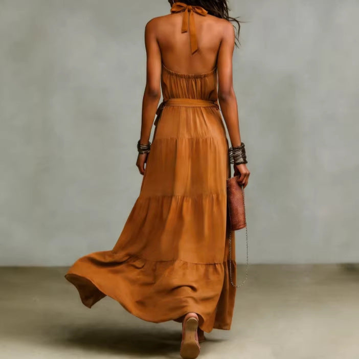 Damen Maxikleid Taillengürtel Tiefes Rückendesign