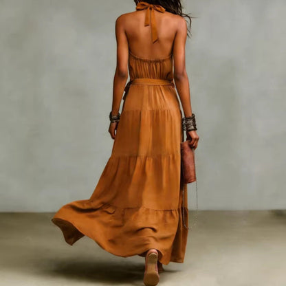 Damen Maxikleid Taillengürtel Tiefes Rückendesign