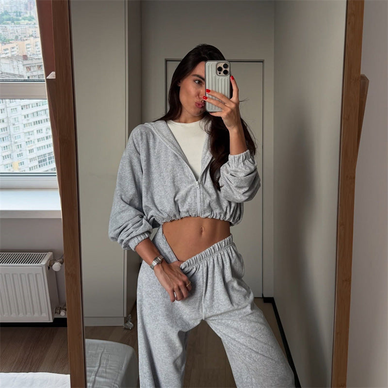 Damen Sportset Cropped Sweatshirt und Hose Baumwolle Grau