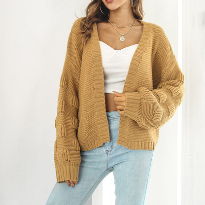 Damen Grobstrick Cardigan Voluminöse Ärmel Offene Front Norvielle