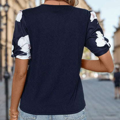 Damen Kurzarmshirt mit Puffärmeln Blumenmuster Bestickung Norvielle