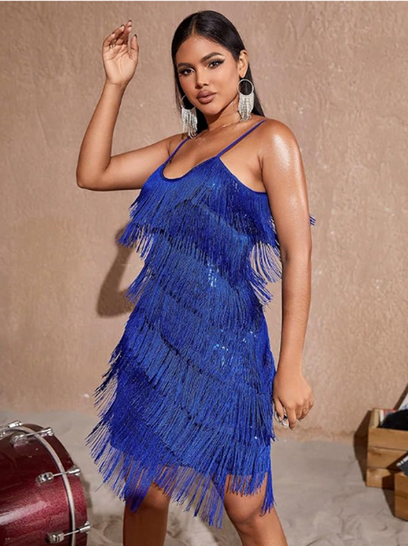Damen Minikleid mit Paillettenbesatz und Fransen