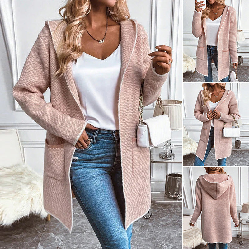 Damen Strickmantel mit Kapuze und Taschen - Norvielle