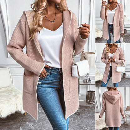 Damen Strickmantel mit Kapuze und Taschen - Norvielle