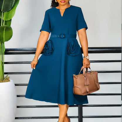 Damen Midi-Kleid mit Blumenapplikationen und Taillengürtel Norvielle - Norvielle