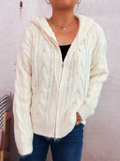 Damen Gestreifter Grobstrick Zip Hoodie Weich Kapuze