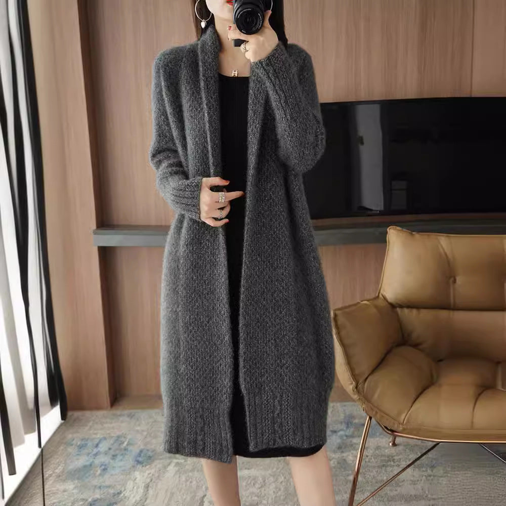 Damen Strickjacke Offene Front Zopfmuster Beige