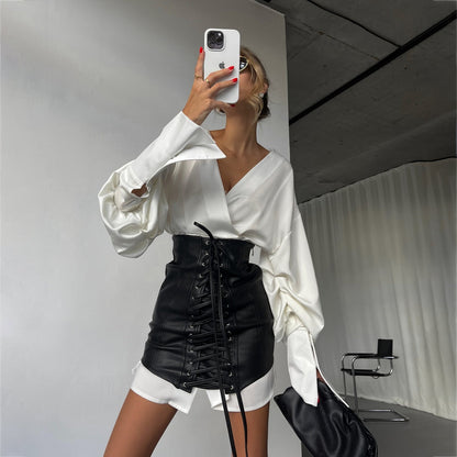 Damen Bluse mit Schnürung und Ballonärmeln Norvielle