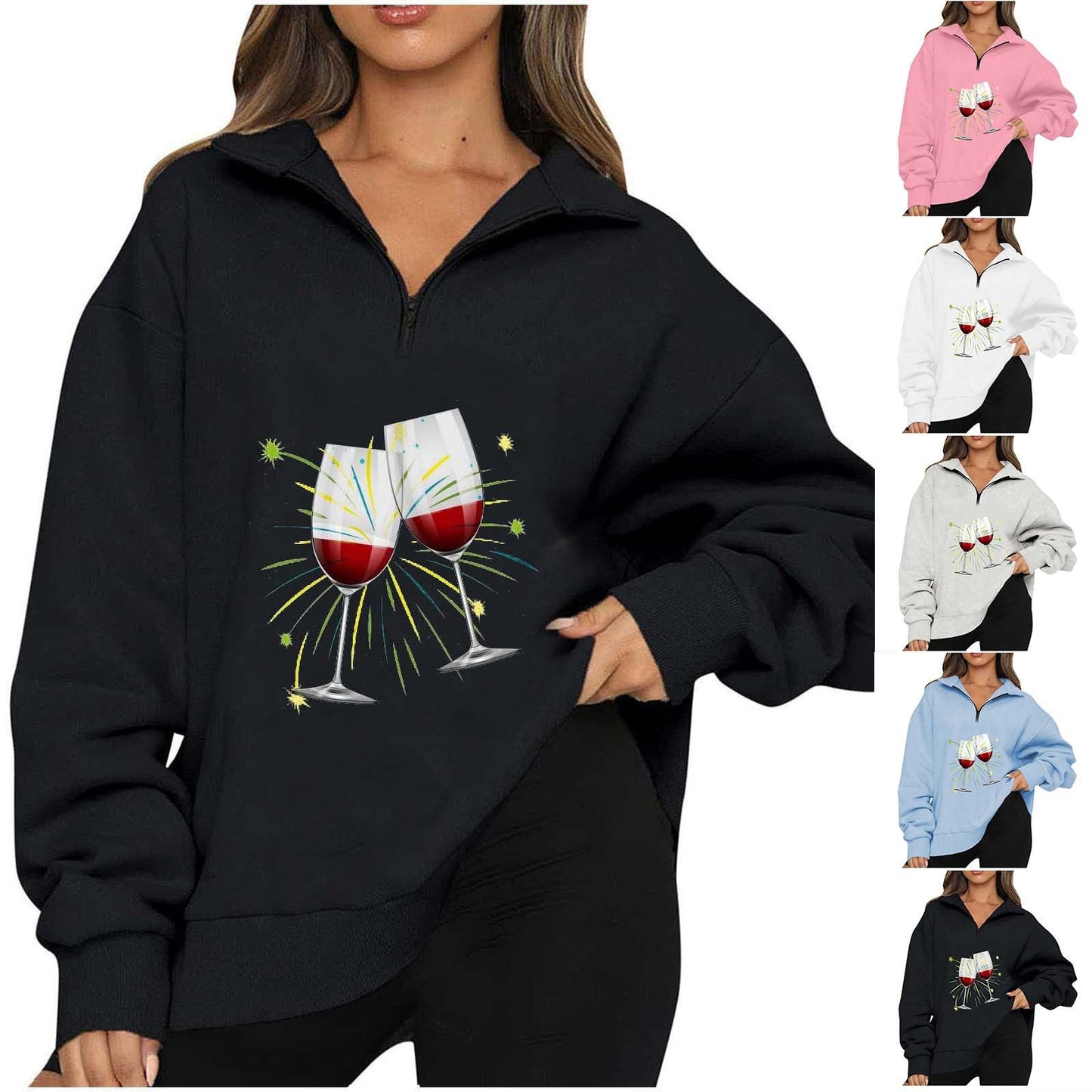 Damen Oversized Pullover Reißverschluss Party-Motiv Norvielle - Norvielle