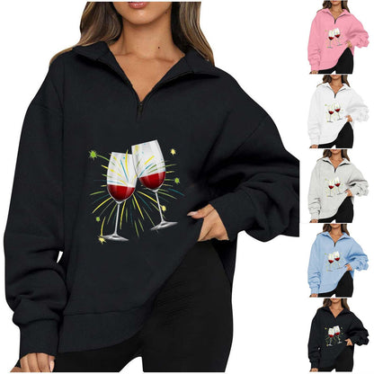 Damen Oversized Pullover Reißverschluss Party-Motiv Norvielle - Norvielle