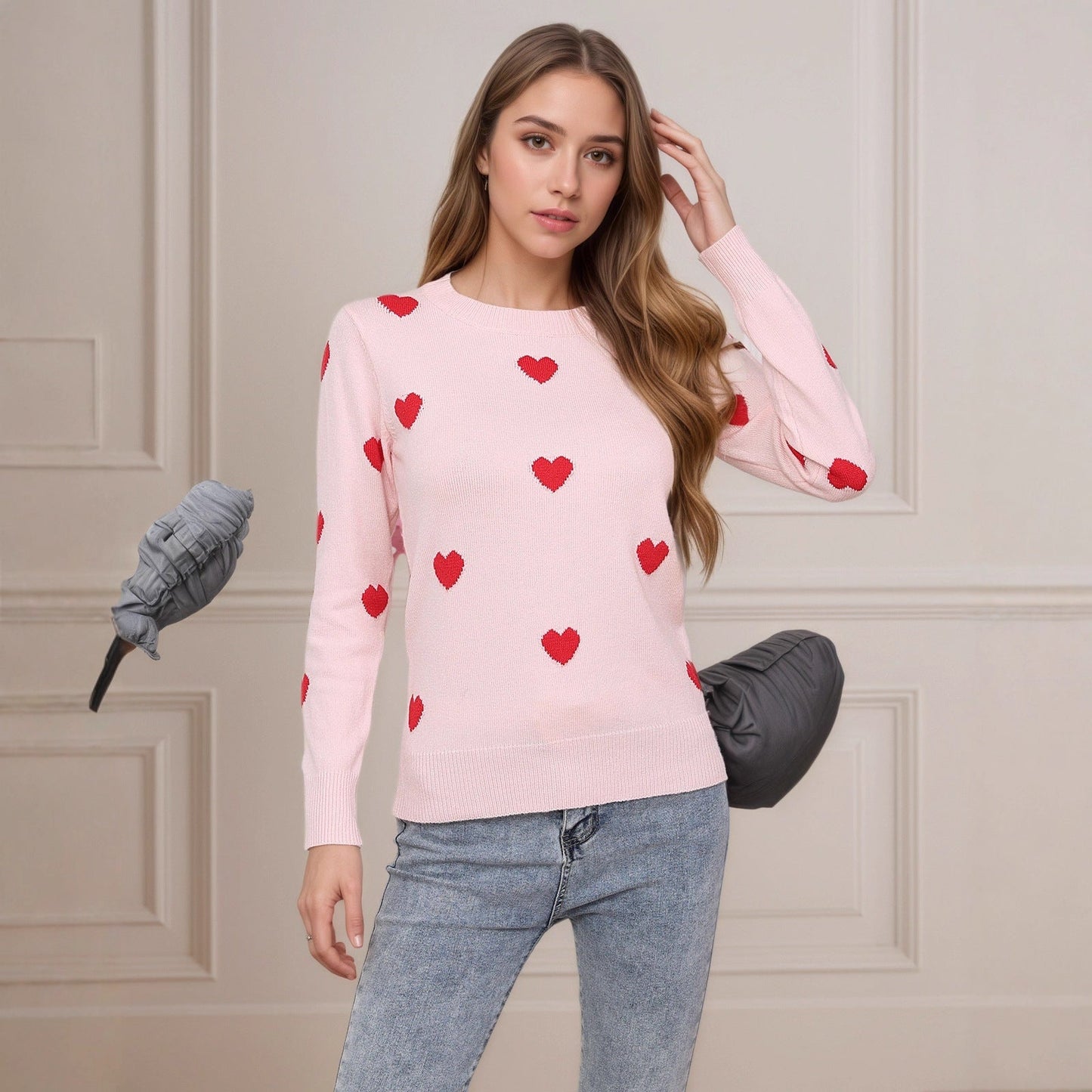 Damen Strickpullover Herz-Design Feinweiß