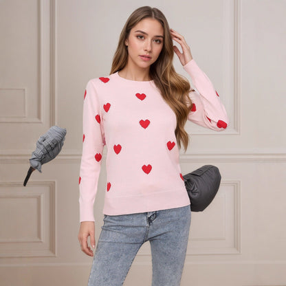 Damen Strickpullover Herz-Design Feinweiß