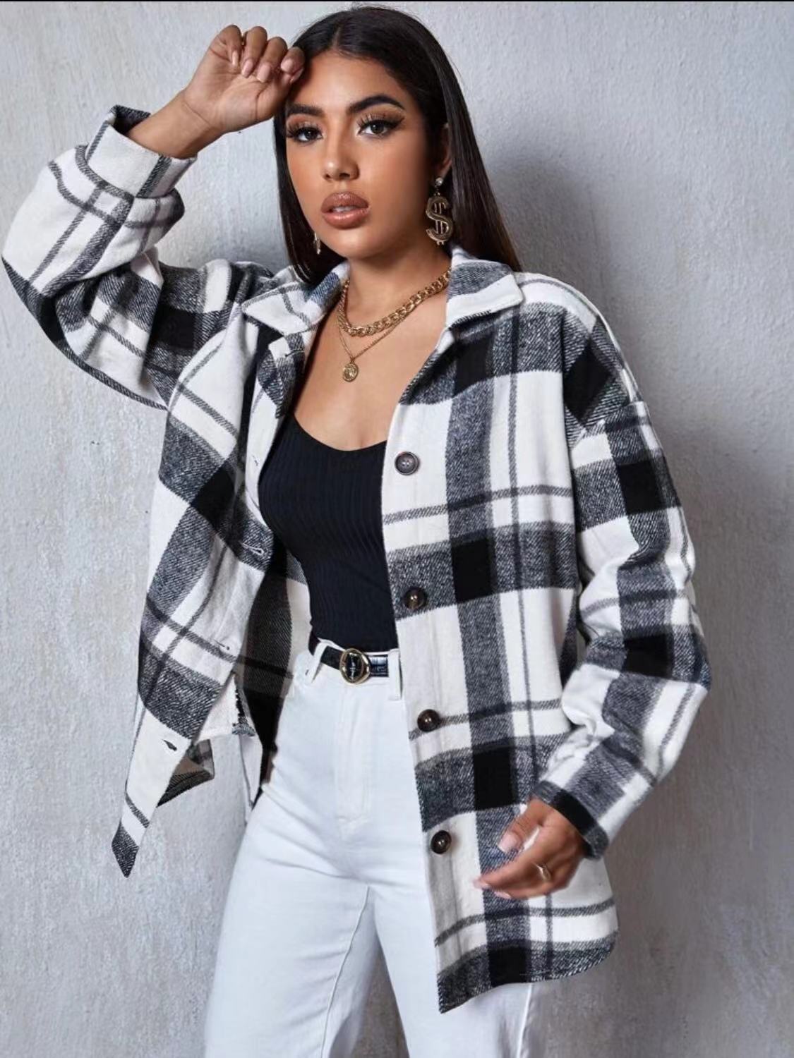 Damen Hemdjacke Karo Weiches Fleece Lässiger Schnitt - Norvielle