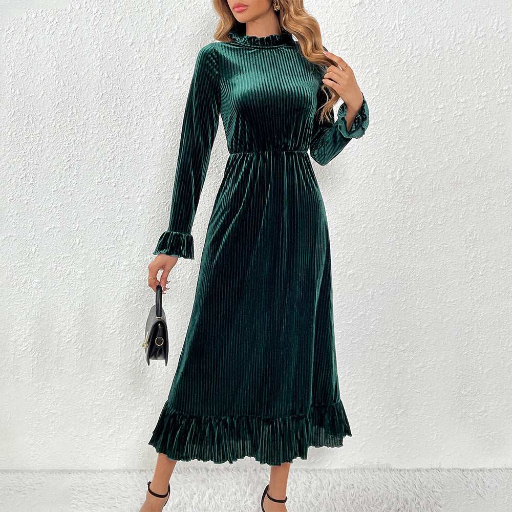 Damen Langarm-Wickelkleid Samt Rüschendetails