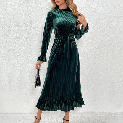 Damen Langarm-Wickelkleid Samt Rüschendetails