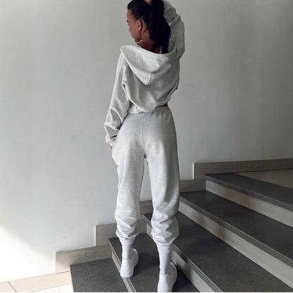 Damen Sportliches Kapuzen-Set Cropped Oberteil Jogginghosen Norvielle
