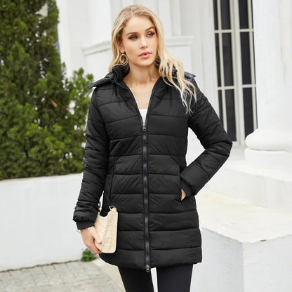 Damen Pufferjacke Steppdesign Mittellang Abnehmbare Kapuze Schwarz - Norvielle