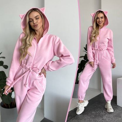 Damen Jumpsuit Kuschelig Känguru-Taschen Tierohren Norvielle