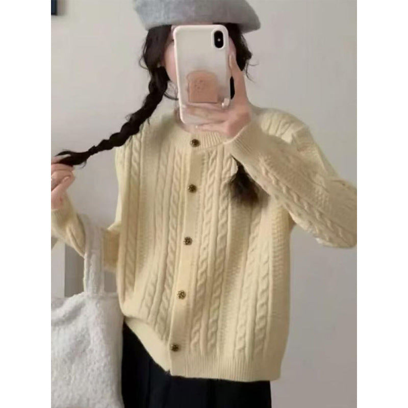 Damen Strickjacke Zopfmuster Dekorative Knöpfe Beige