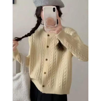 Damen Strickjacke Zopfmuster Dekorative Knöpfe Beige