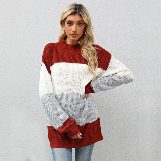 Damen Strickpullover Hochkragen Blockstreifen Norvielle - Norvielle