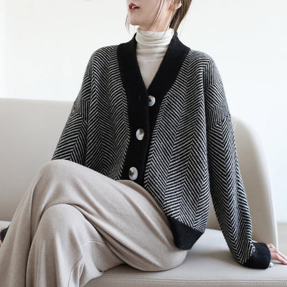 Damen Strickjacke Chevron-Muster Elegante Knöpfe Norvielle