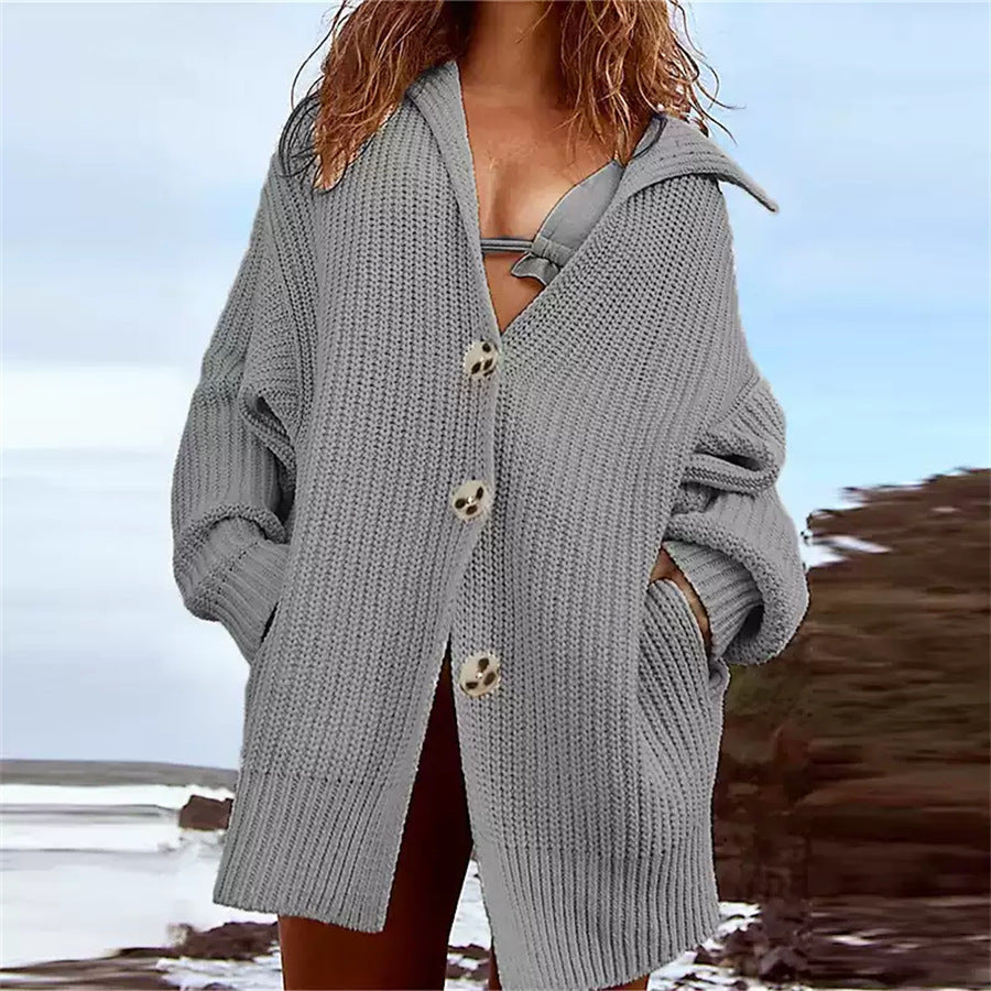 Damen Grobstrickjacke Norvielle Modern Reverskragen Dekorative Knöpfe