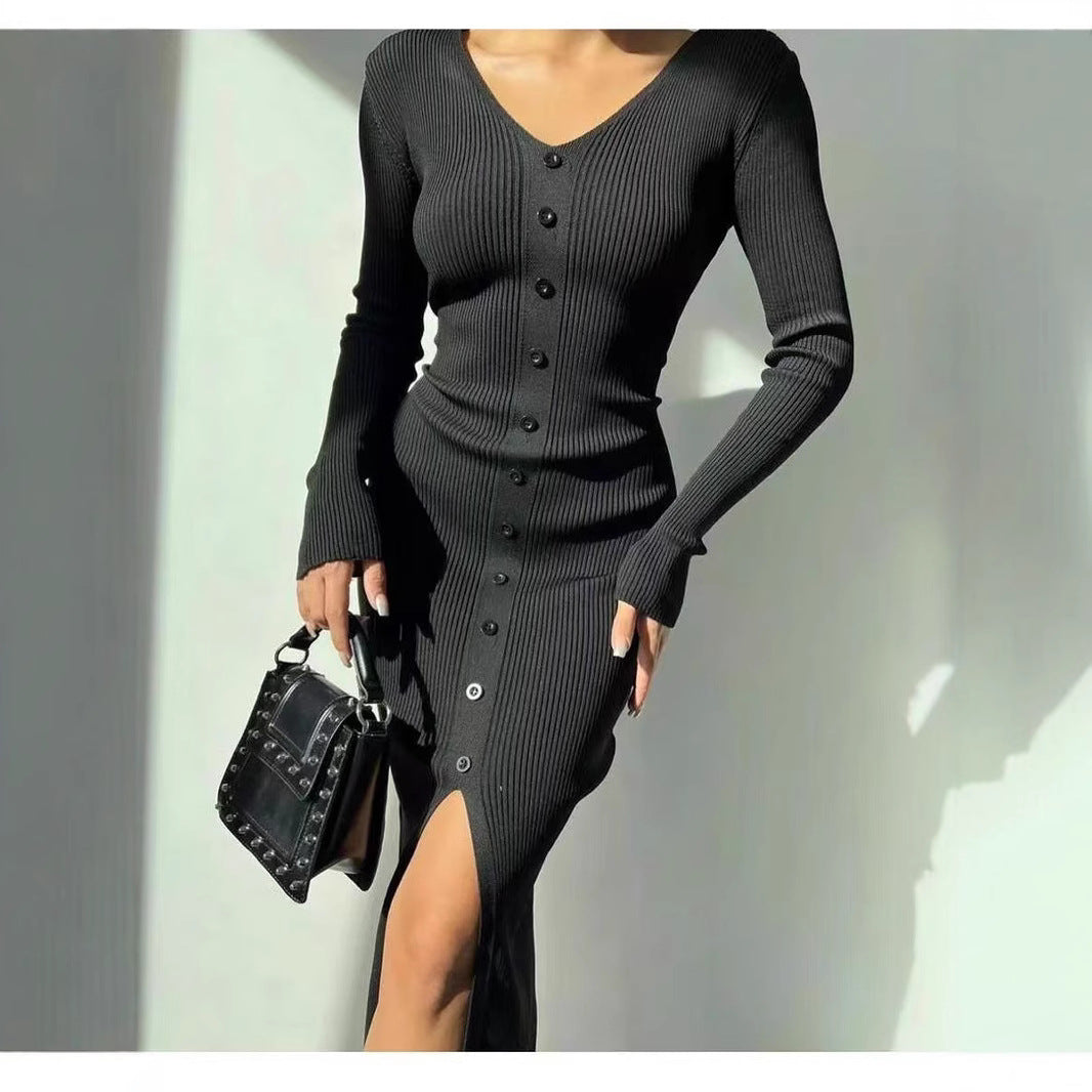 Damen Strickkleid V-Ausschnitt Hochgeschlossen