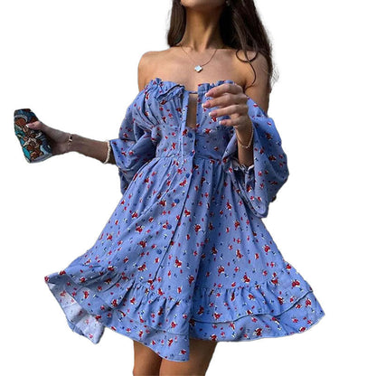Damen Minikleid Schulterfrei Rüschen Saum Norvielle