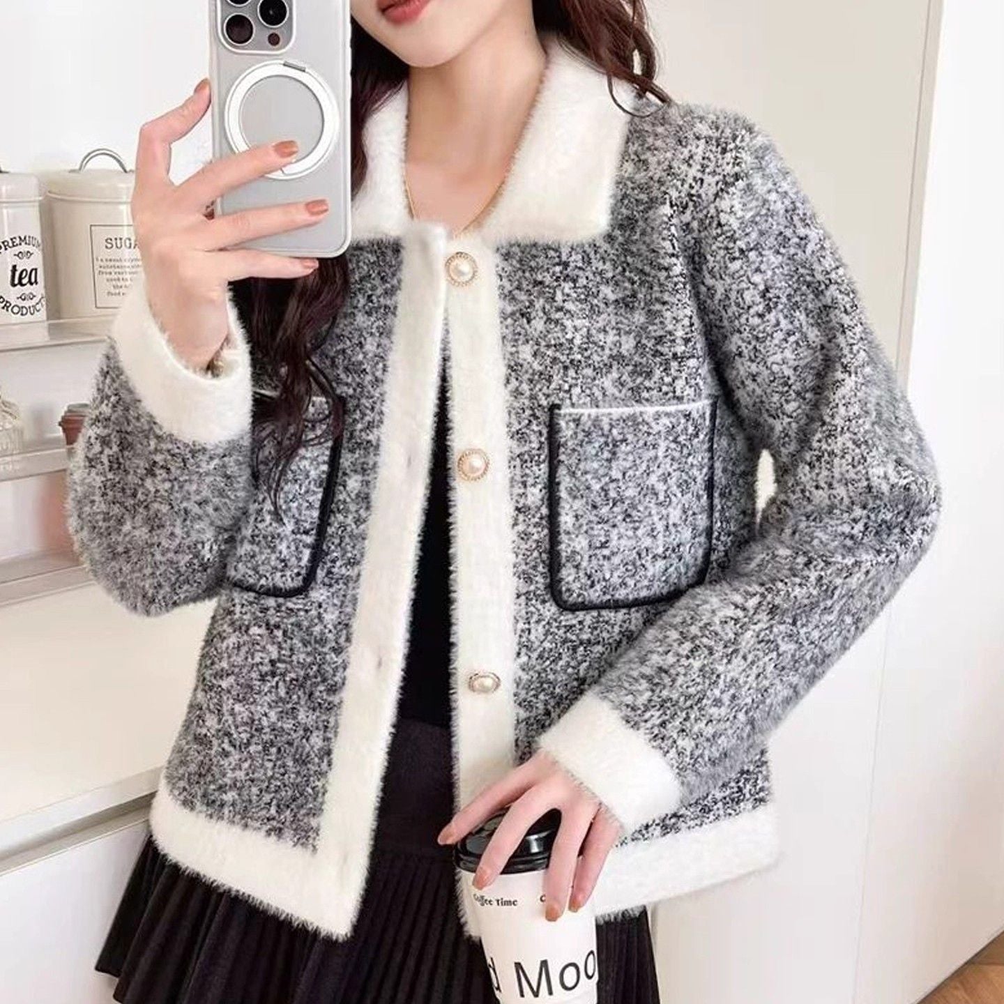 Damen Jacke Kuschelig Kontrasttaschen Norvielle - Norvielle