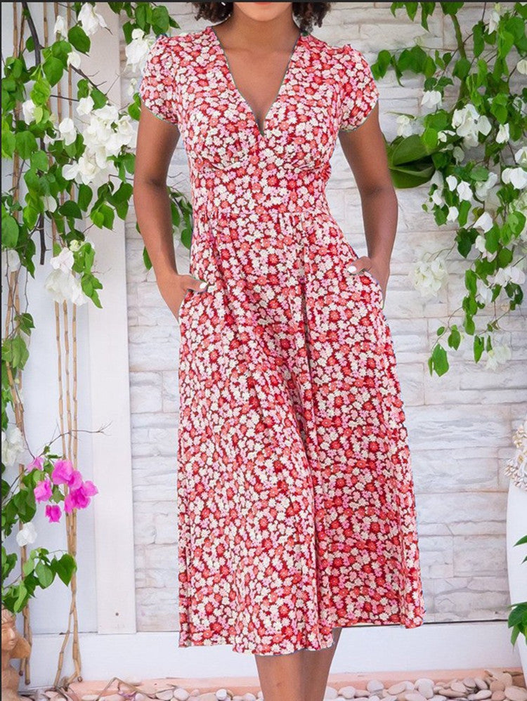 Damen Geblümtes Midikleid V-Ausschnitt Kurzärmel Sommerkleid