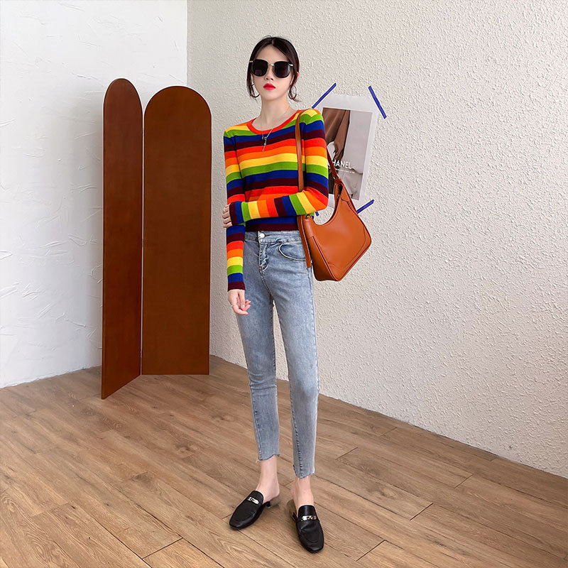 Damen Langärmliges Gestreiftes Shirt Farbenfroh Norvielle