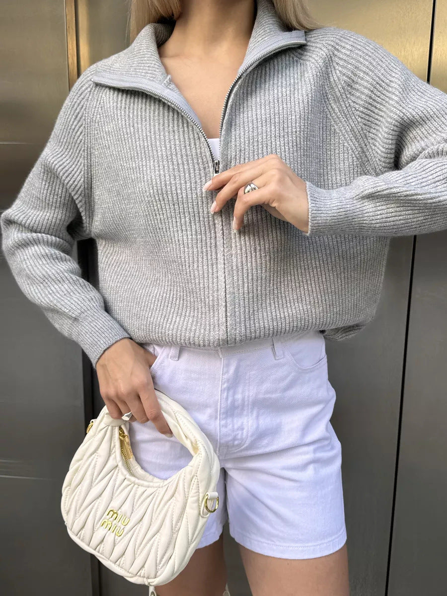 Damen Grobstrickpullover Norvielle Hochkragen Reißverschluss Beige