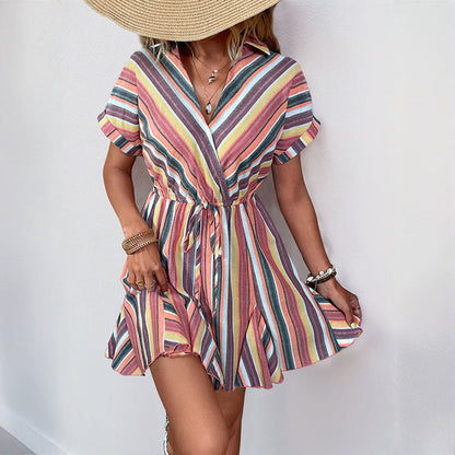 Damen Wickelkleid Bunter Streifenstoff Sommerlich Leicht