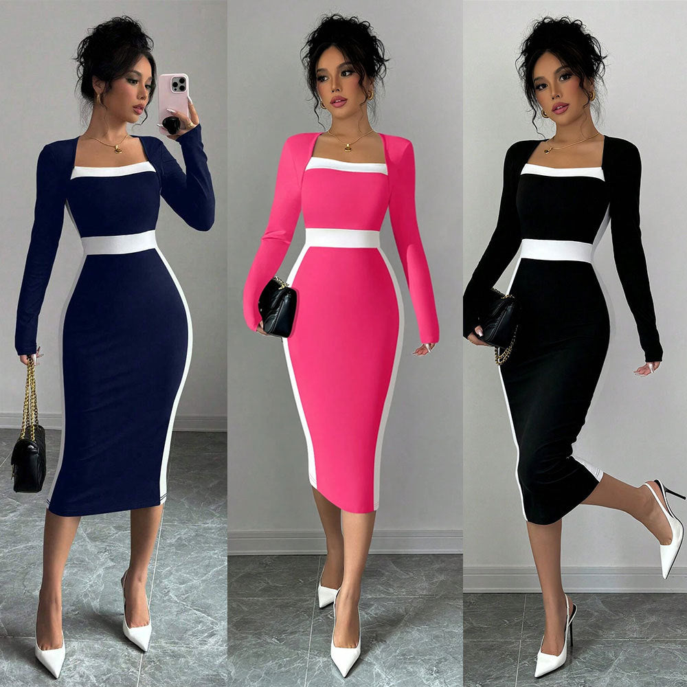 Damen Midi-Kleid Figurbetont Quadratischer Ausschnitt Kontrastakzente - Norvielle