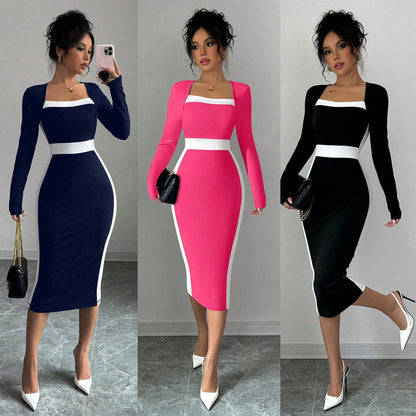 Damen Midi-Kleid Figurbetont Quadratischer Ausschnitt Kontrastakzente - Norvielle
