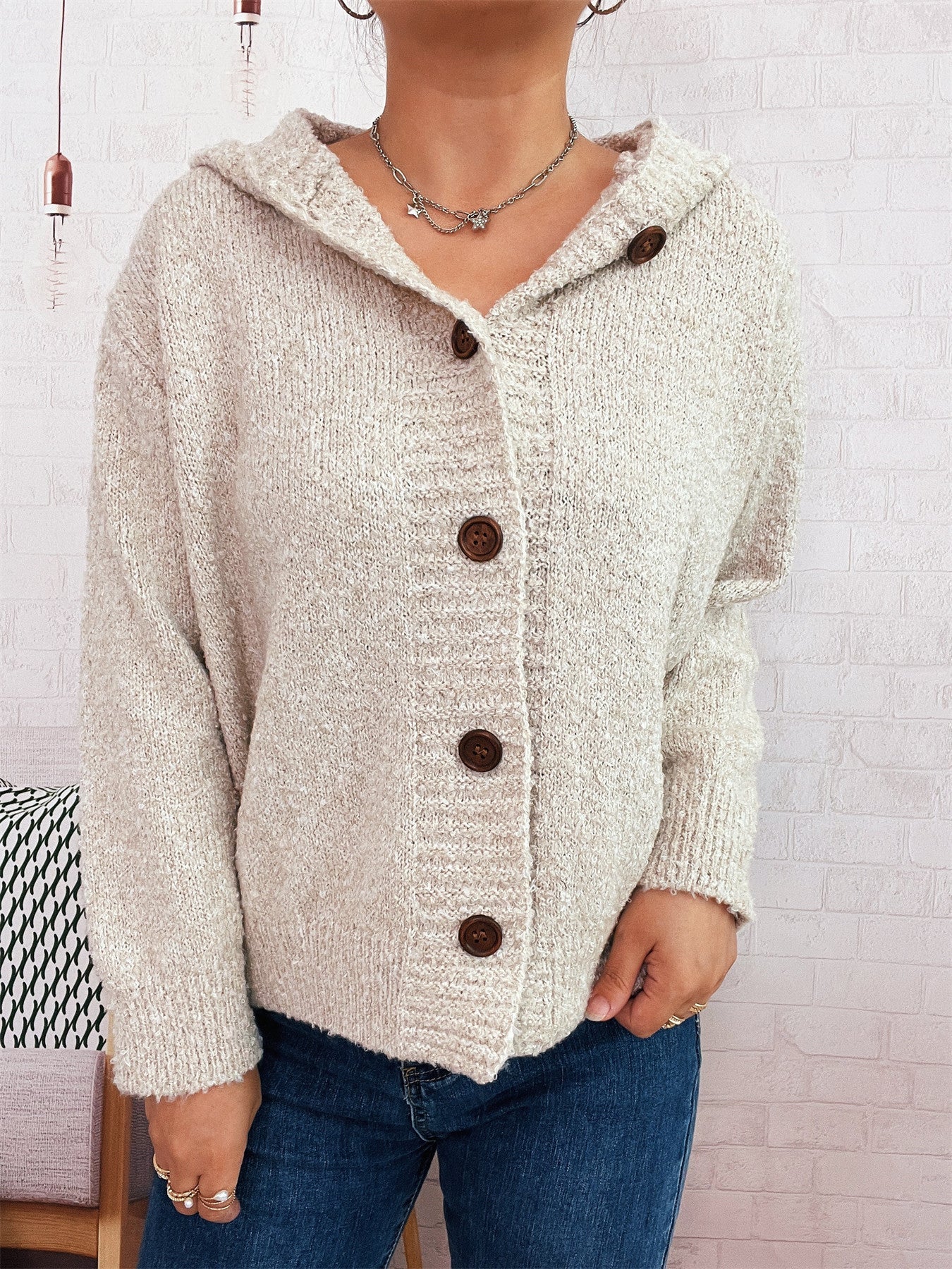 Damen Strickjacke Kapuze Knöpfe Norvielle