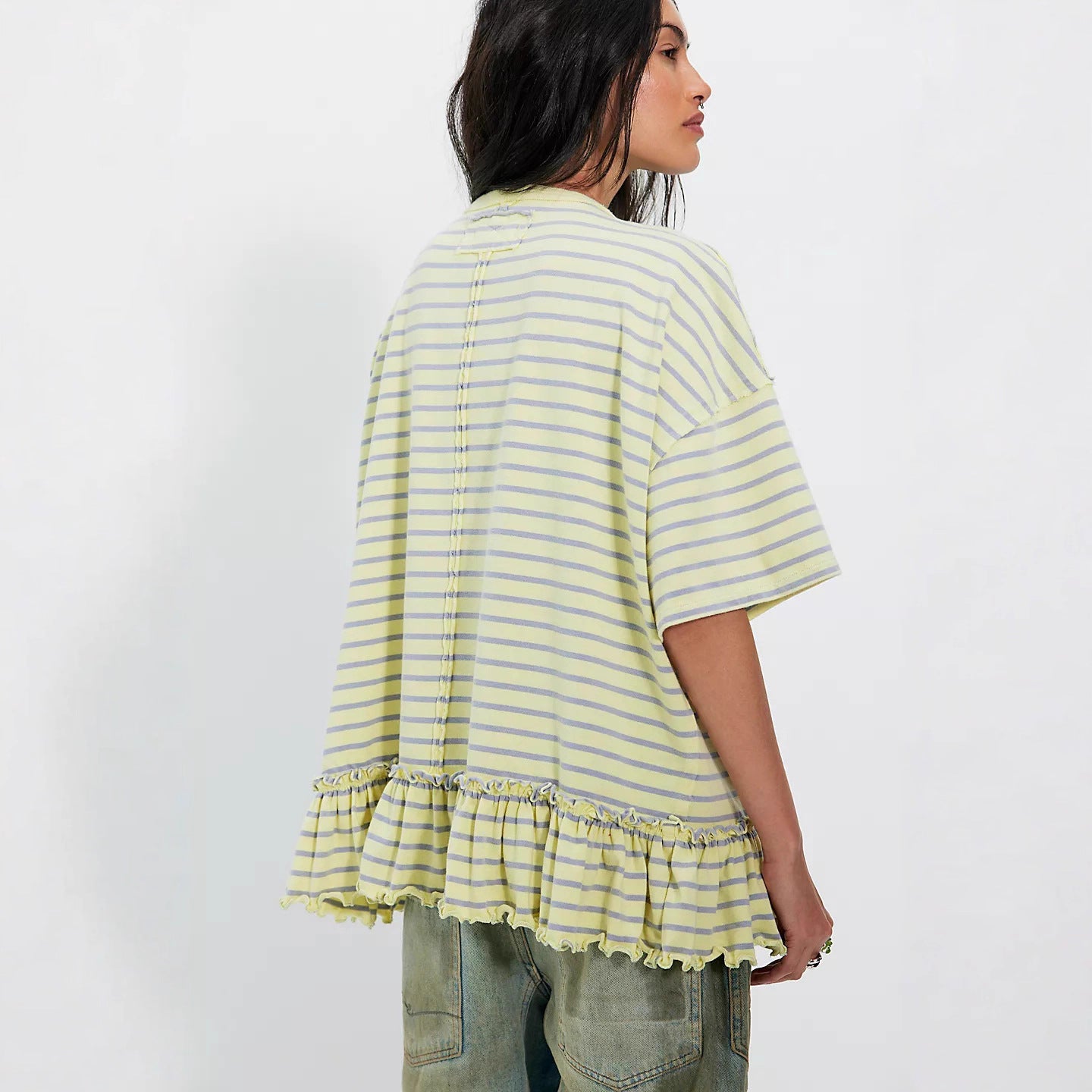 Damen Oversized Streifen T-Shirt mit Rüschen Weiß-