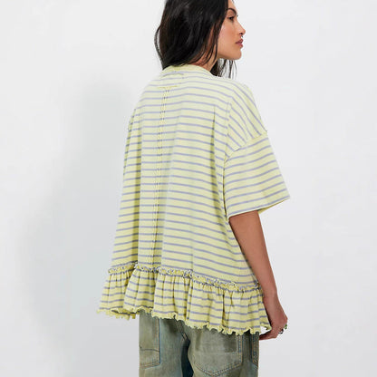 Damen Oversized Streifen T-Shirt mit Rüschen Weiß-