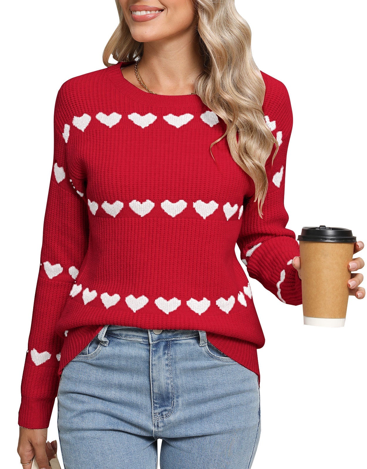 Damen Strickpullover Herzmuster