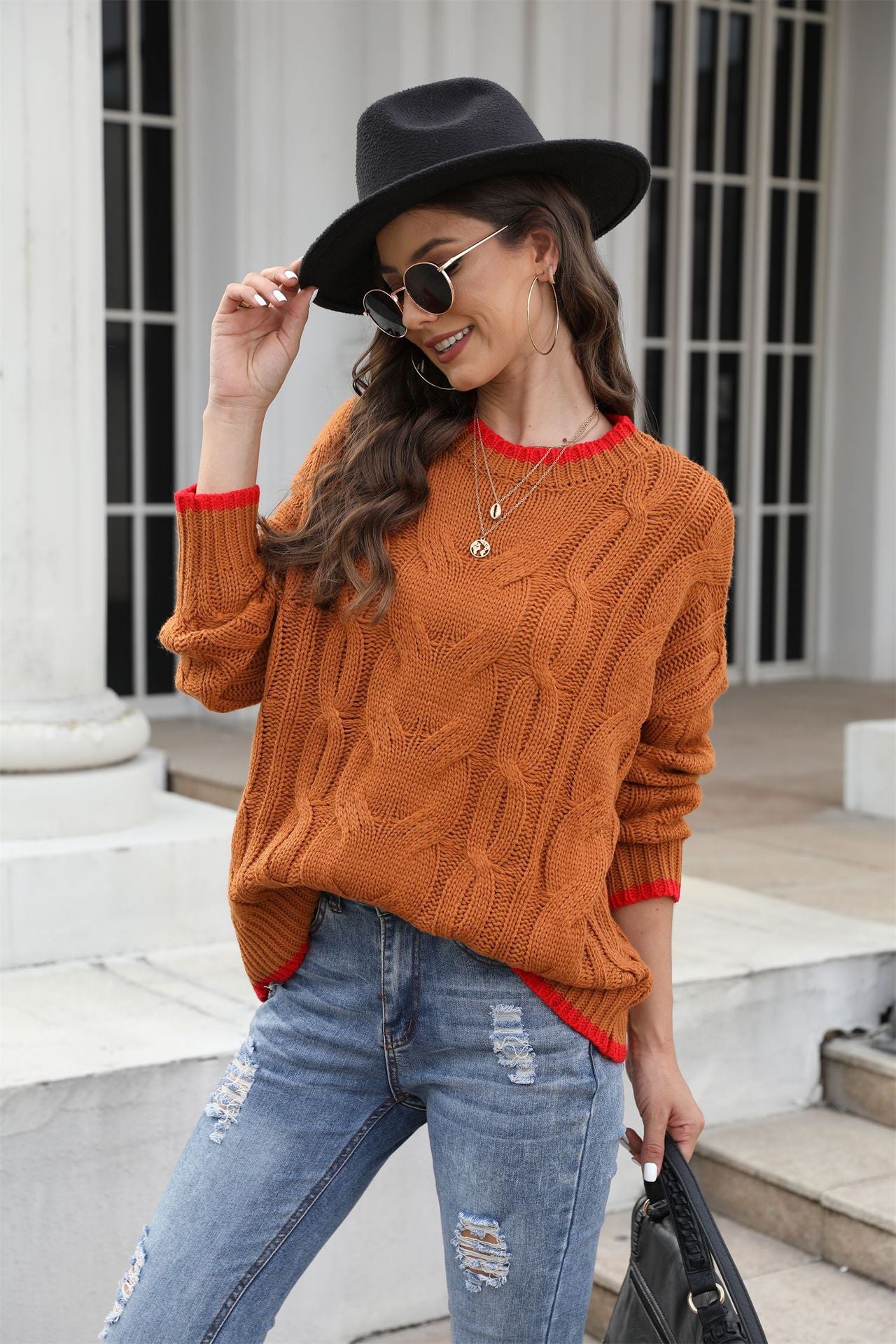 Damen Grobstrickpullover Zopfmuster Akzenten Norvielle