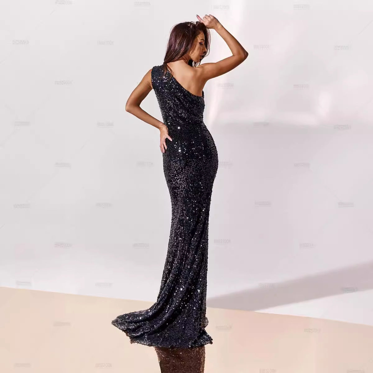 Damen Abendkleid Asymmetrischer Schnitt Pailletten