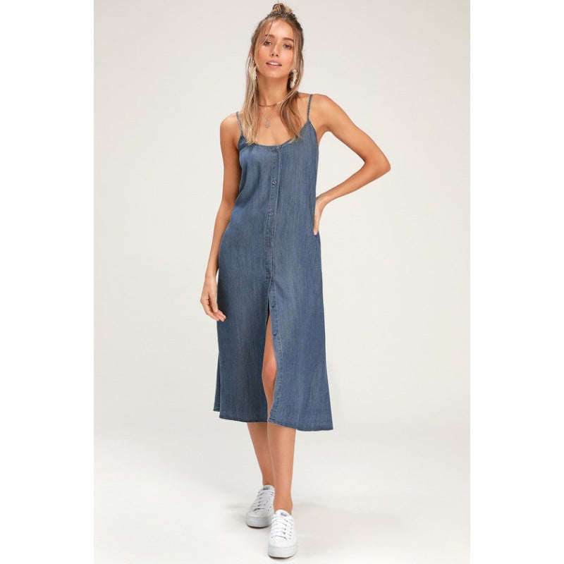 Damen Midi-Kleid mit Knöpfen und Spagettiträgern Norvielle