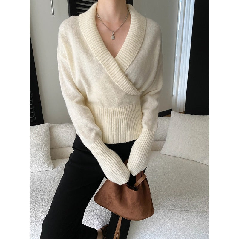 Damen Wickelpullover Breiter Rippbund Norvielle