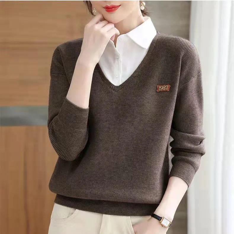Damen Pullover V-Ausschnitt Hemdkragen Norvielle