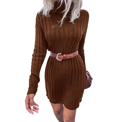 Damen Strickkleid Oversized Hohler Kragen Feines Längsdesign Beige