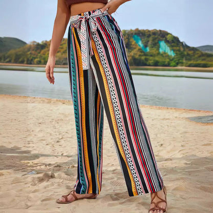 Damen Sommerhose Weit Leicht Auffälliges Muster Beige - Norvielle