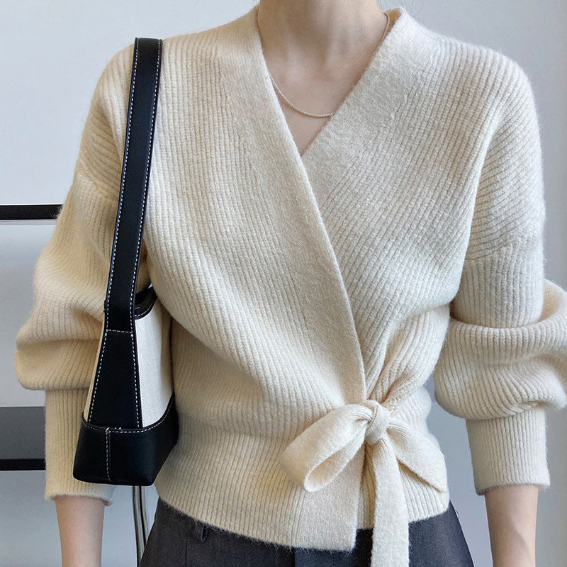 Damen Wickelstrickjacke mit V-Ausschnitt und Gürtel Norvielle - Norvielle